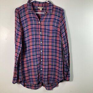 Womens Lucky Brand Plaid Button Shirt S Blue Red Light weight Rayon Long Sleeve